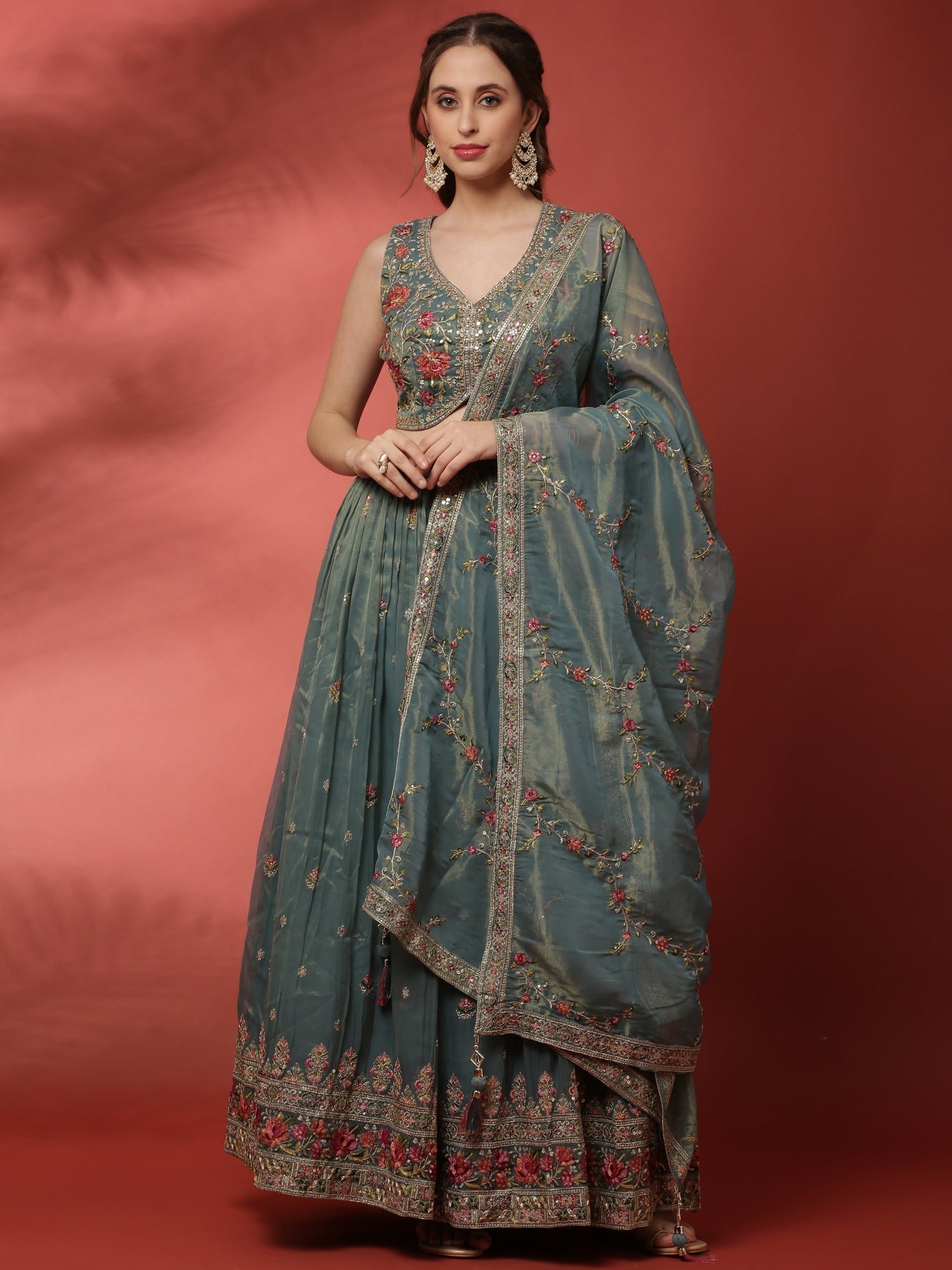 Rama Tissue Silk Ghagra Set With Embroiderey - Image 2