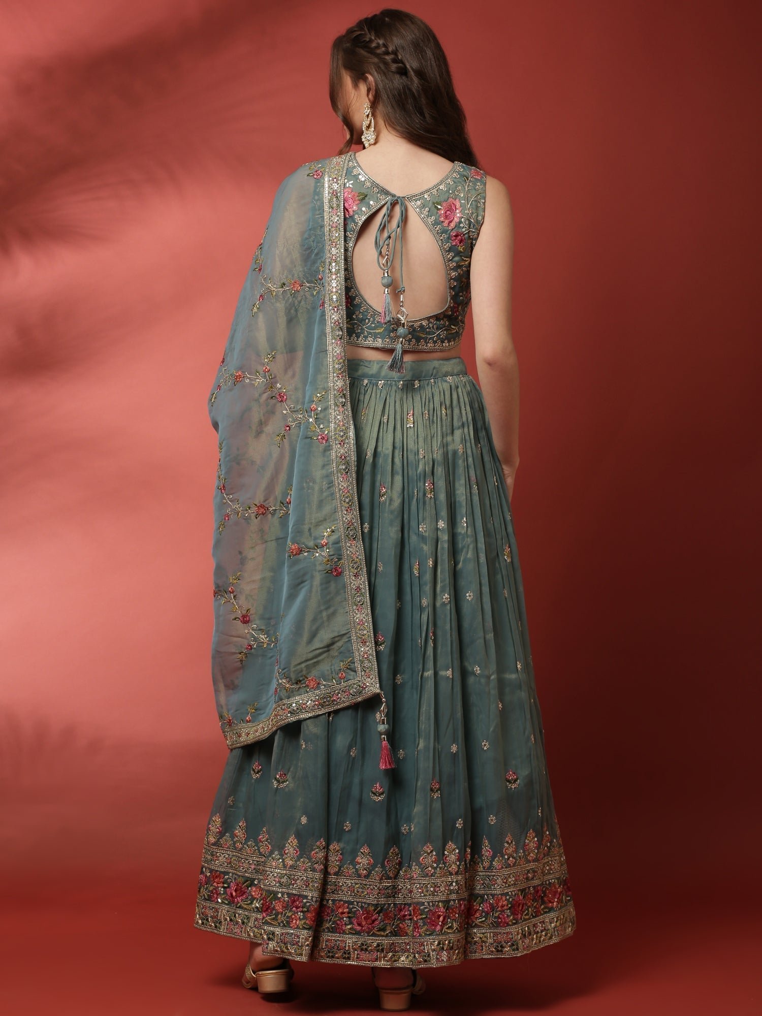 Rama Tissue Silk Ghagra Set With Embroiderey - Image 4