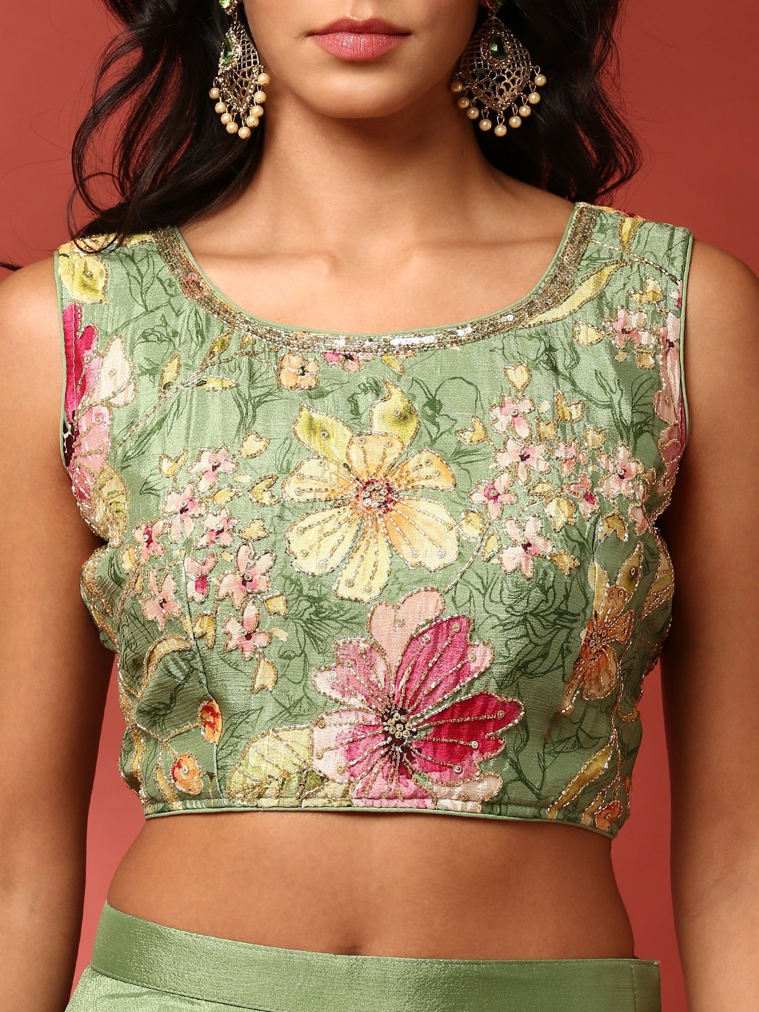 Green floral printed hand embroidered three piece jacket set - Image 6