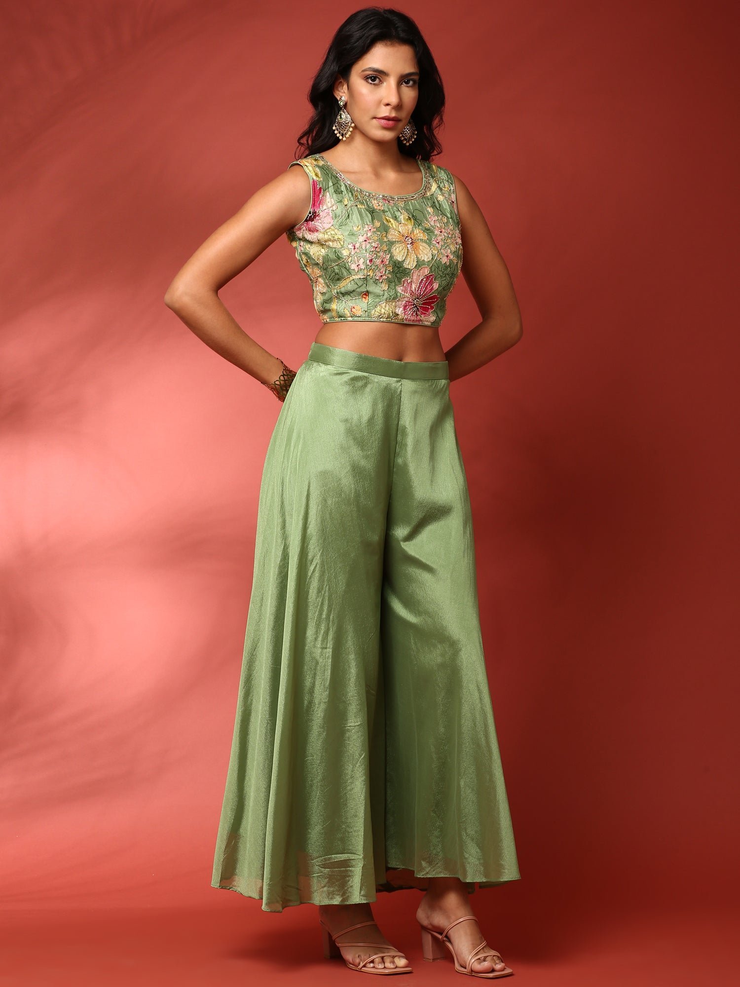 Green floral printed hand embroidered three piece jacket set - Image 3