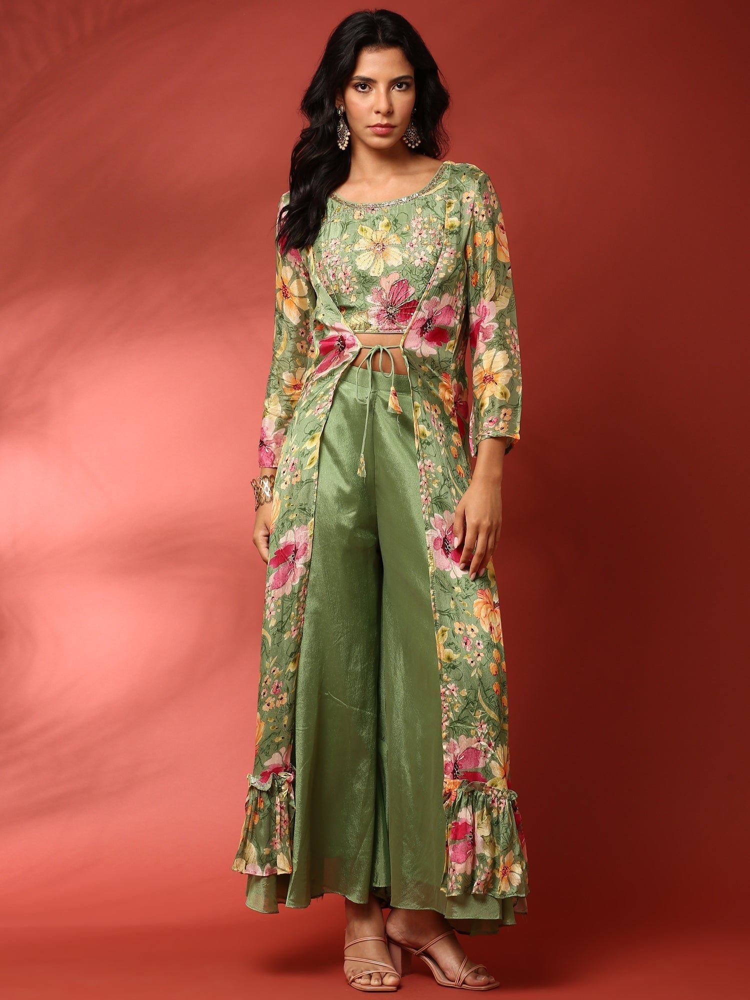 Green floral printed hand embroidered three piece jacket set - Image 9