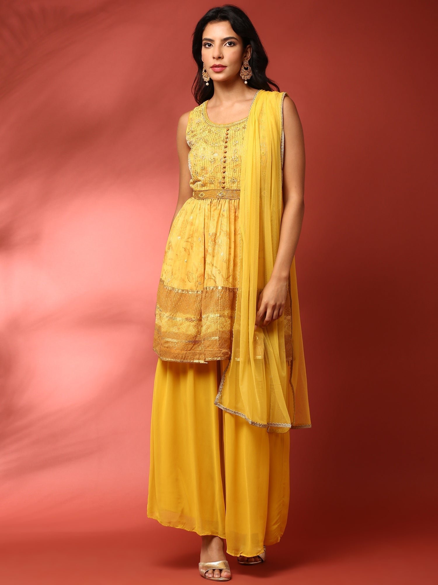 Yellow georgette embroidered peplum and palazzo Three piece set - Image 2