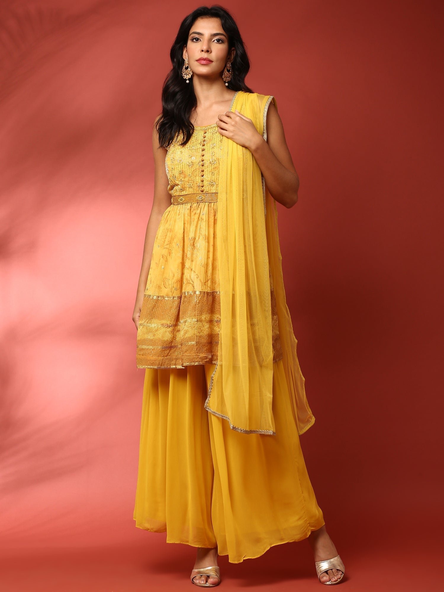 Yellow georgette embroidered peplum and palazzo Three piece set