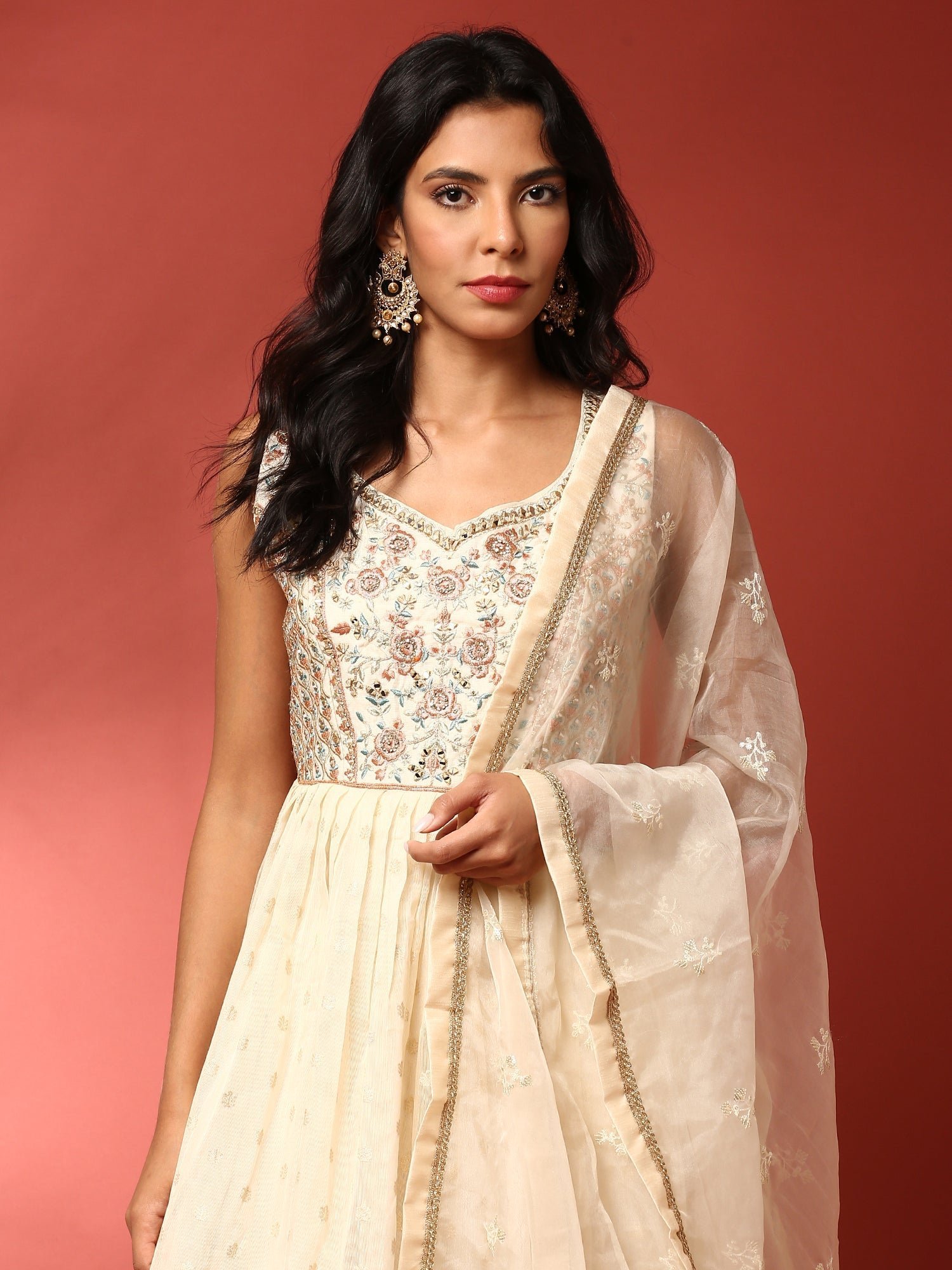 Cream tissue fabric Three piece anarkali set - Image 2