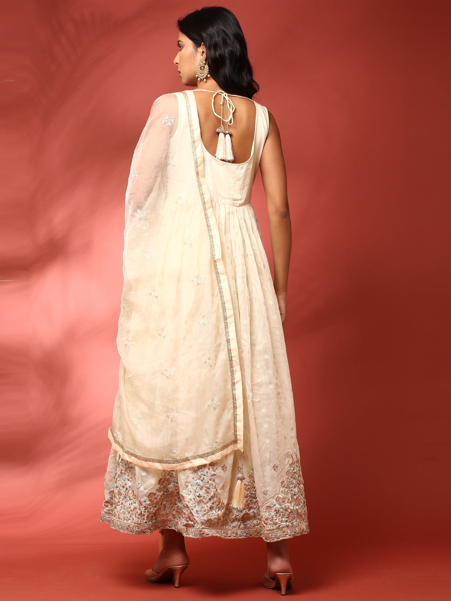Cream tissue fabric Three piece anarkali set - Image 5