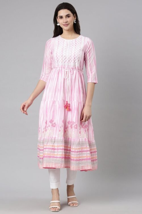 Quantumtera Pink Flounce Casual Floral Fit-and-Flare Dresses