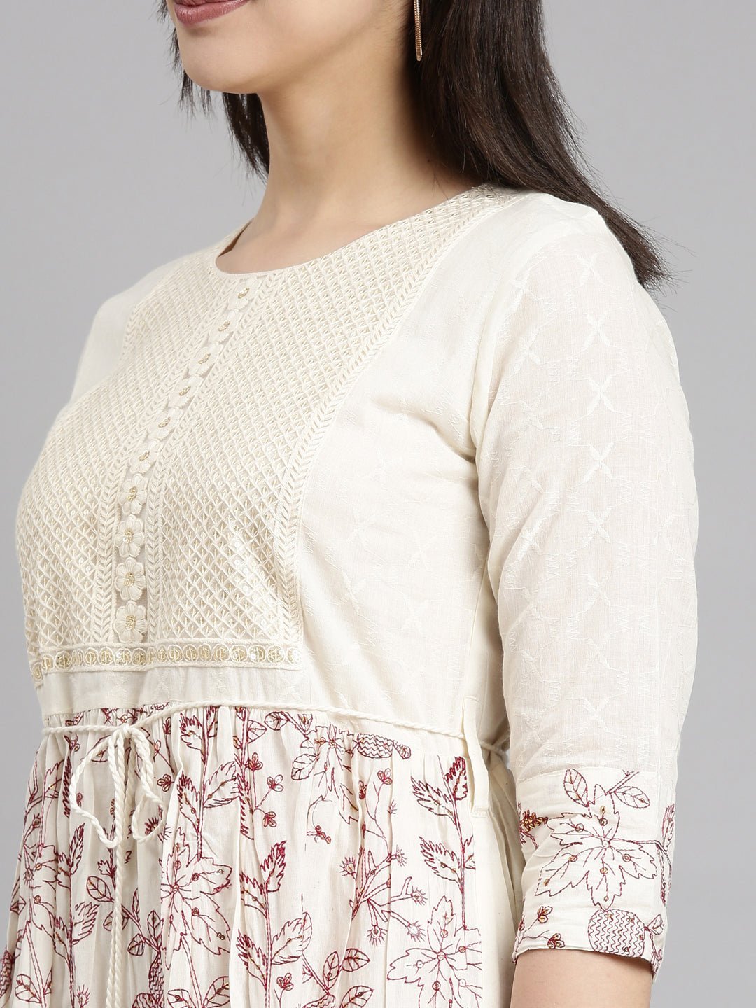 Quantumtera Cream Floral Flounce Dresses - Casual Fit-and-Flare Silhouette - Image 5