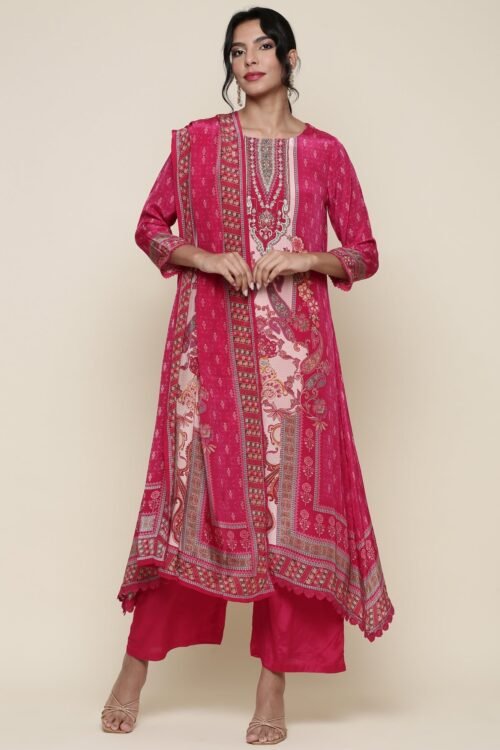 Pink Digital printed crepe Three piece suit set