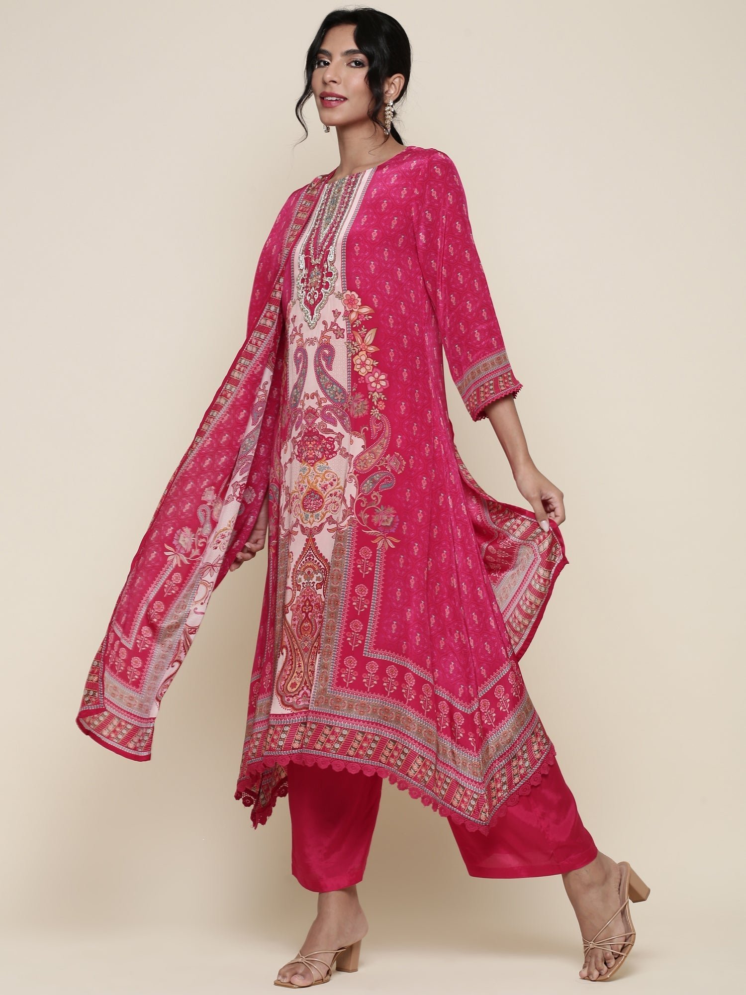 Pink Digital printed crepe Three piece suit set - Image 5