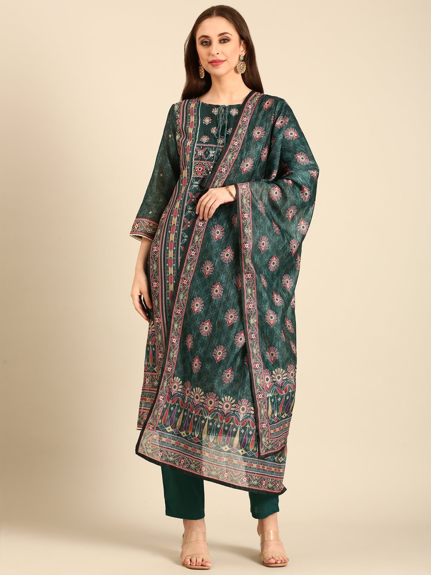 Bottle Green Suit set with Organza duppatta