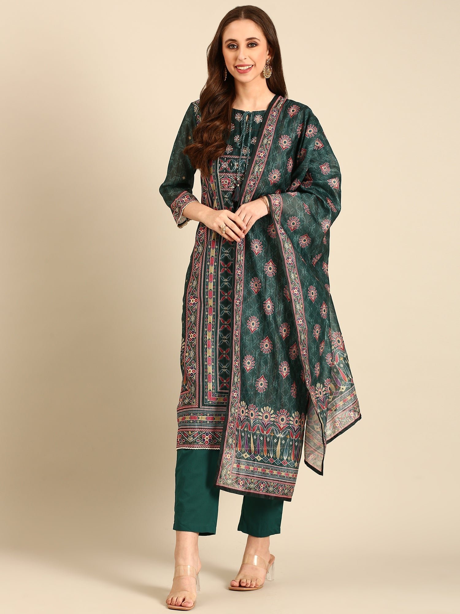 Bottle Green Suit set with Organza duppatta - Image 5