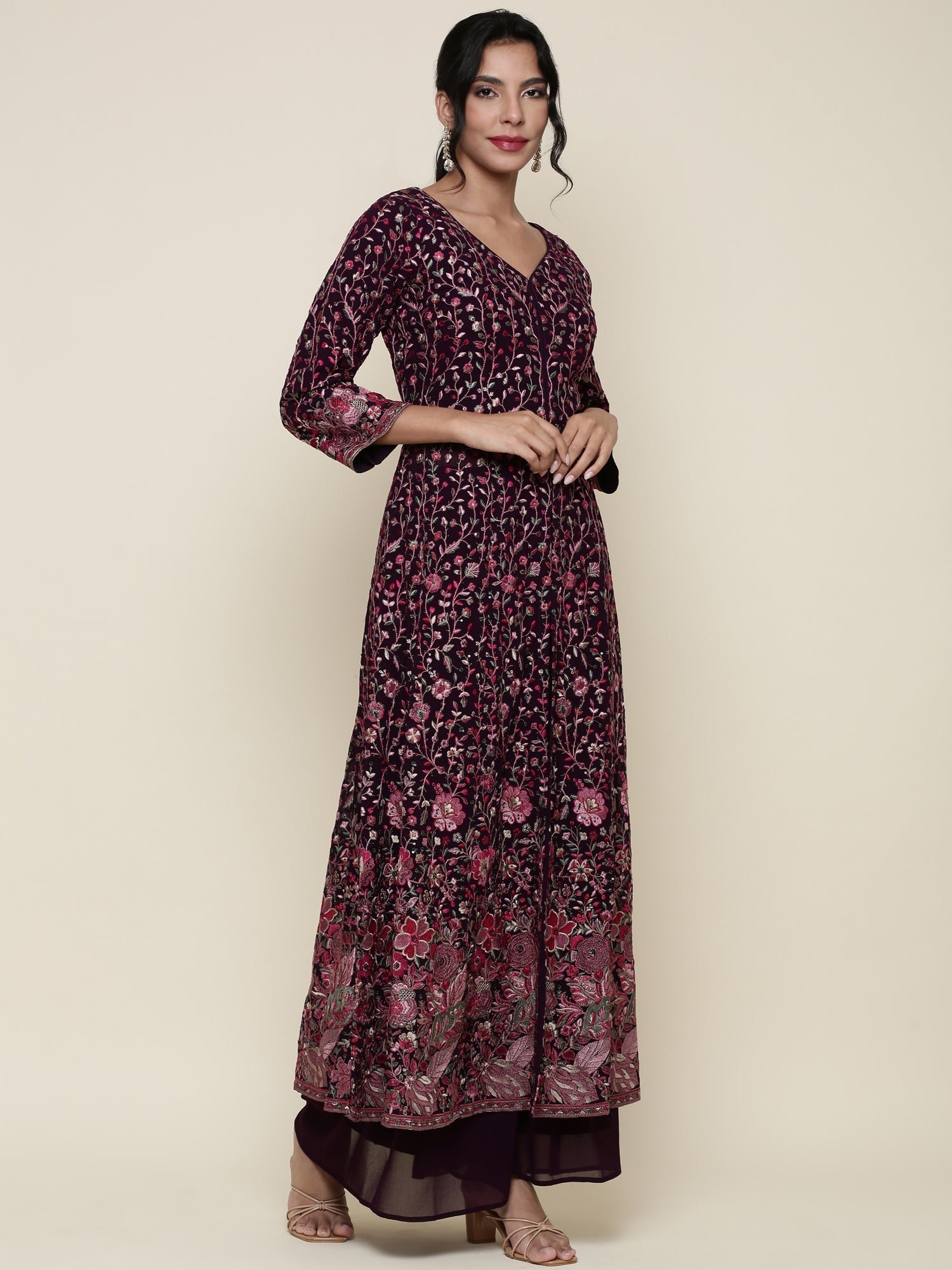 Wine georgette embroidered front silt anarkali three piece set - Image 3