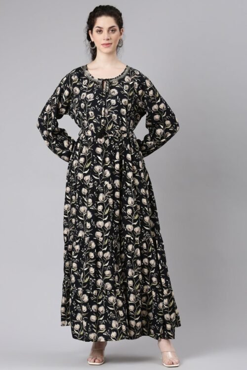 Quantumtera Black Floral Print Maxi Dresses – Elegant, Flowing Silhouettes