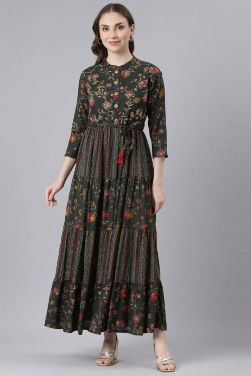 Quantumtera Olive Floral Maxi Dresses in Viscose Rayon – Straight-Cut, Casual Style