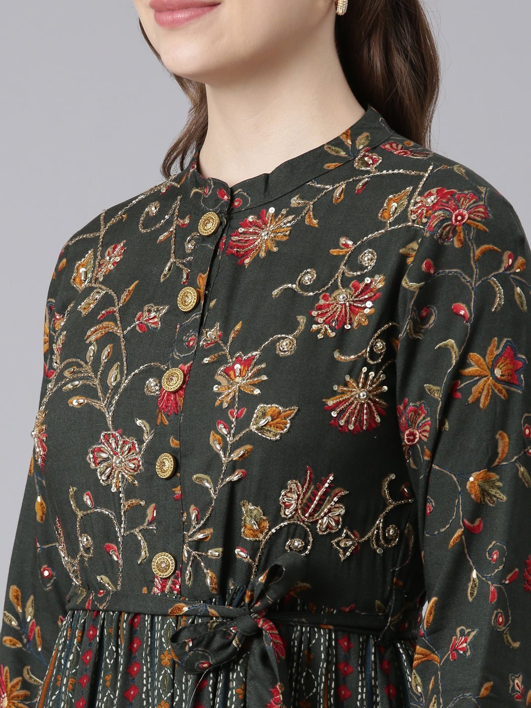 Quantumtera Olive Floral Maxi Dresses in Viscose Rayon – Straight-Cut, Casual Style - Image 5