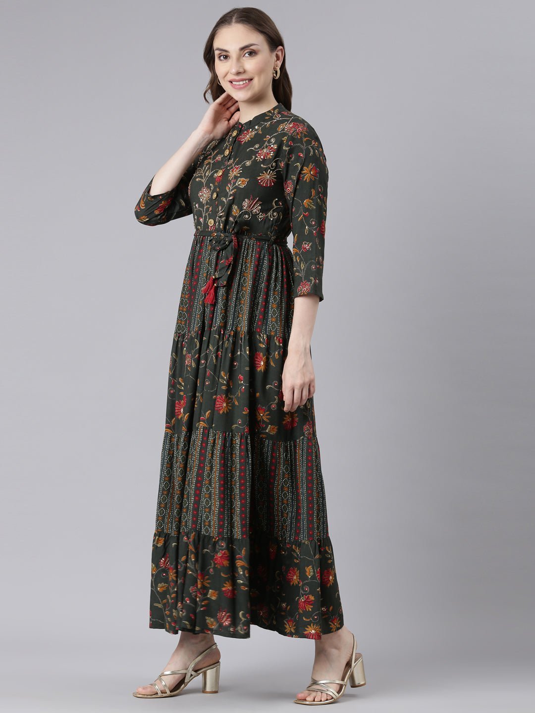 Quantumtera Olive Floral Maxi Dresses in Viscose Rayon – Straight-Cut, Casual Style - Image 2