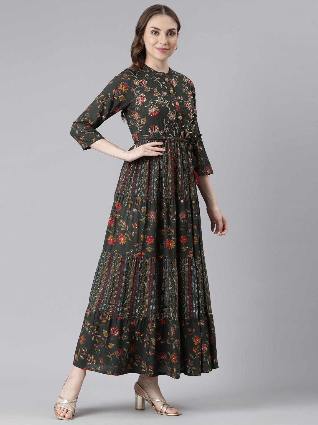 Quantumtera Olive Floral Maxi Dresses in Viscose Rayon – Straight-Cut, Casual Style - Image 3
