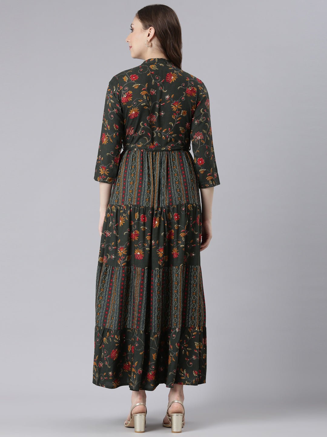 Quantumtera Olive Floral Maxi Dresses in Viscose Rayon – Straight-Cut, Casual Style - Image 4