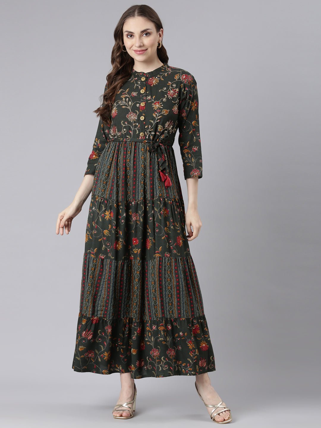 Quantumtera Olive Floral Maxi Dresses in Viscose Rayon – Straight-Cut, Casual Style - Image 6