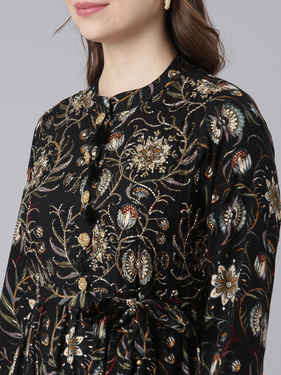 Quantumtera Black Viscose Rayon Curved Silhouette Casual Floral Maxi Dresses - Image 5