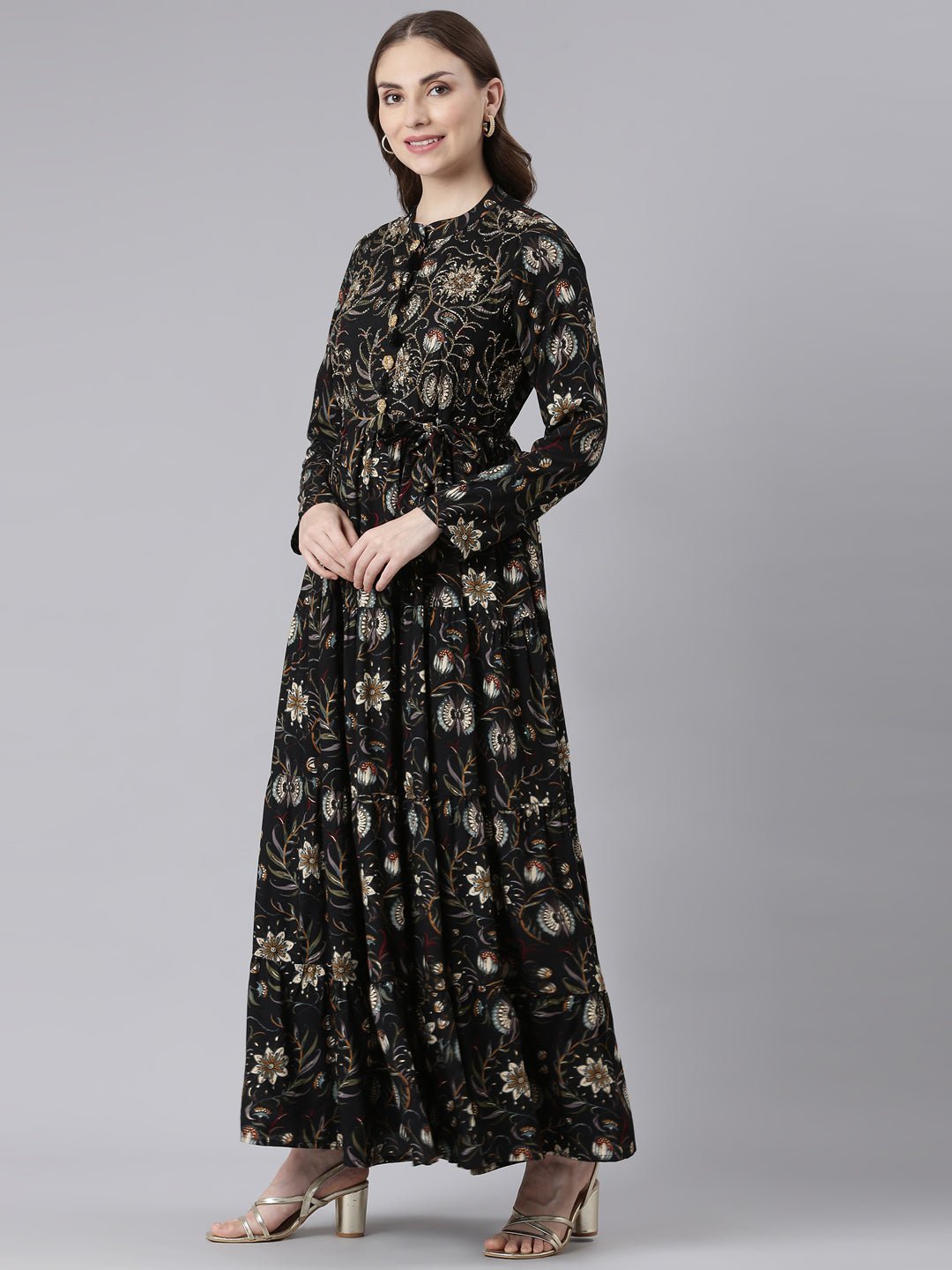 Quantumtera Black Viscose Rayon Curved Silhouette Casual Floral Maxi Dresses - Image 2