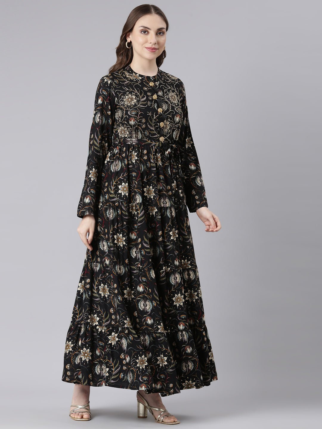 Quantumtera Black Viscose Rayon Curved Silhouette Casual Floral Maxi Dresses - Image 3