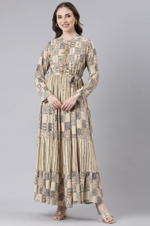 Quantumtera Beige Viscose Rayon Curved Geometric Maxi Dresses – Casual Everyday Wear
