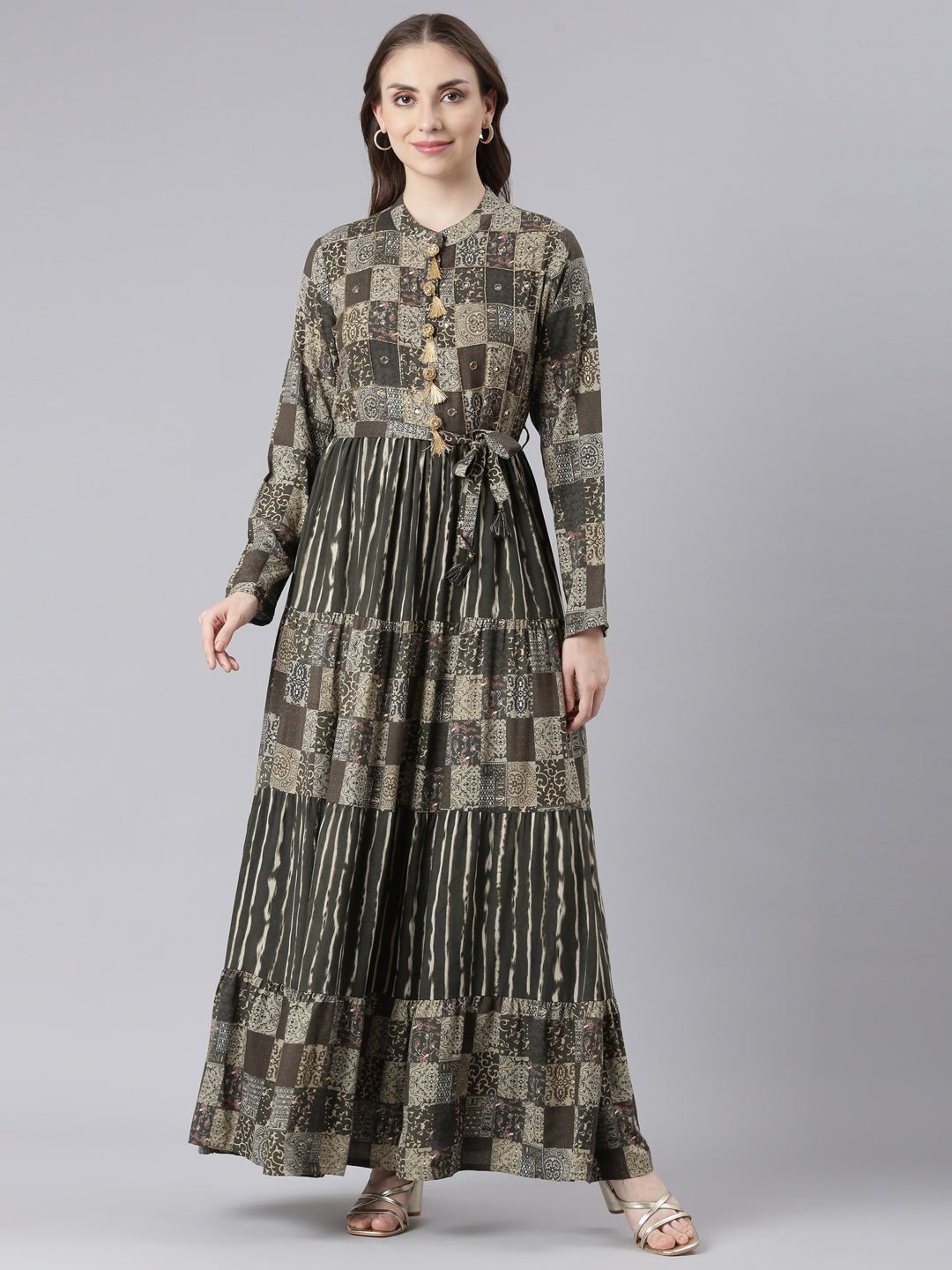 Quantumtera Olive Viscose Rayon Maxi Dresses with a Curved Silhouette – Casual Geometric Print