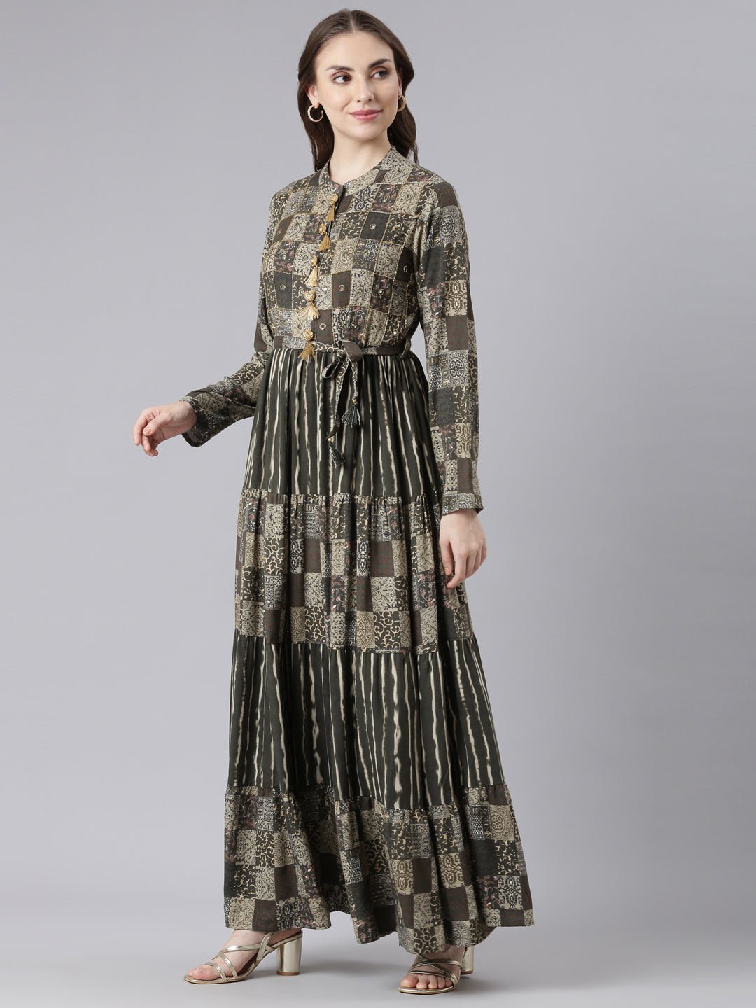 Quantumtera Olive Viscose Rayon Maxi Dresses with a Curved Silhouette – Casual Geometric Print - Image 2