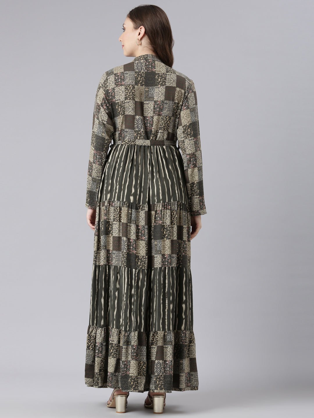 Quantumtera Olive Viscose Rayon Maxi Dresses with a Curved Silhouette – Casual Geometric Print - Image 4