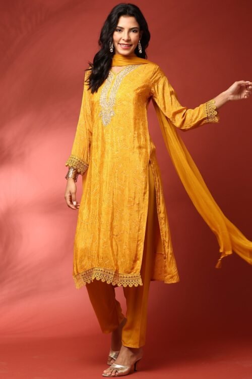 Mustard Muslin Straight three piece hand embroidered suit set