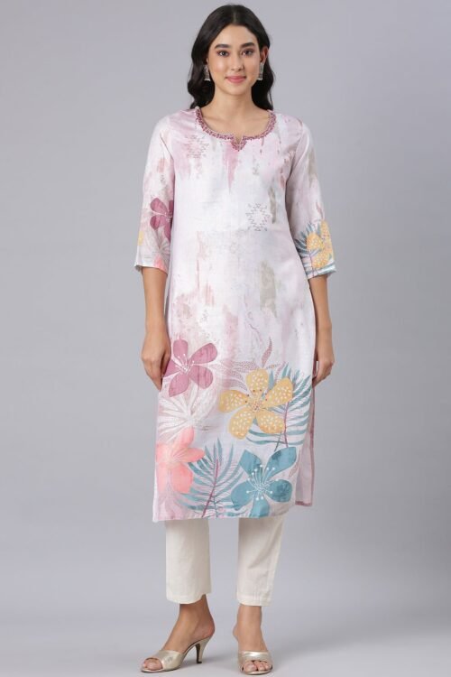 Quantumtera Off White Straight Casual Floral Kurta