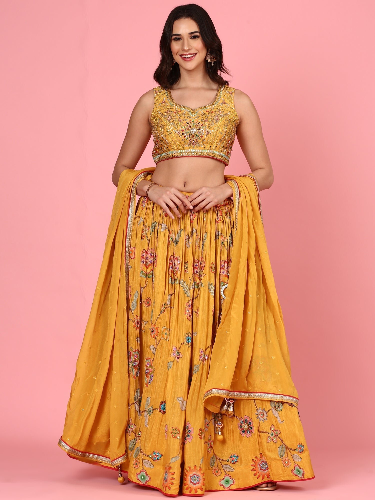 Yellow embroidered georgette Three piece ghagra set - Image 2