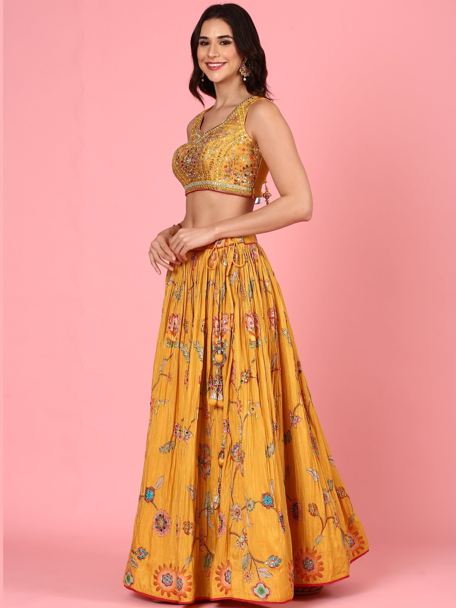 Yellow embroidered georgette Three piece ghagra set - Image 3