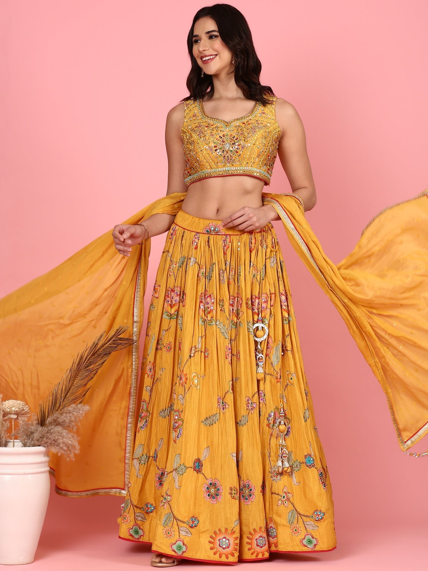 Yellow embroidered georgette Three piece ghagra set - Image 7