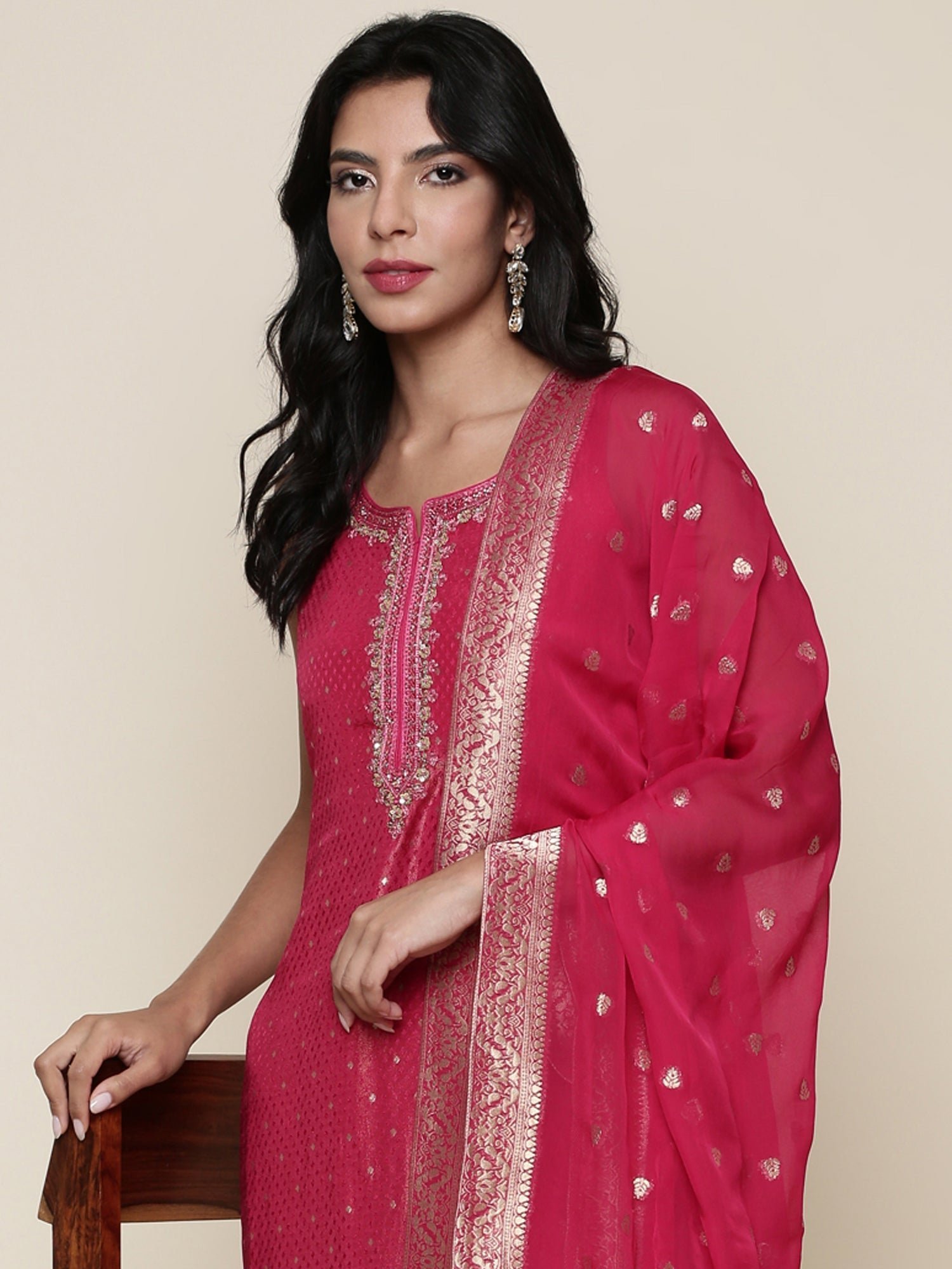 Pink tissue fabric embroidered Three piece suit set - Image 6