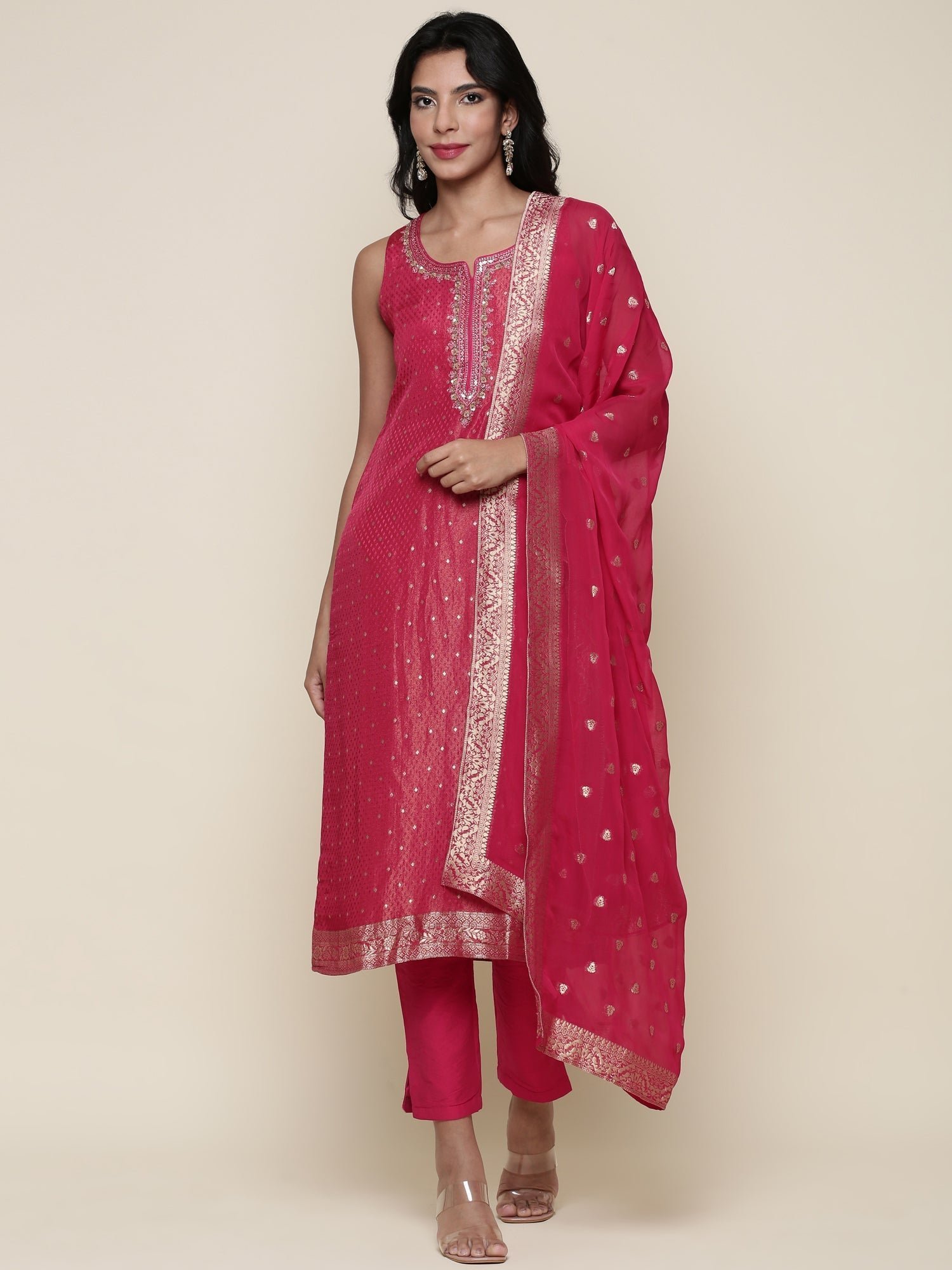 Pink tissue fabric embroidered Three piece suit set - Image 2