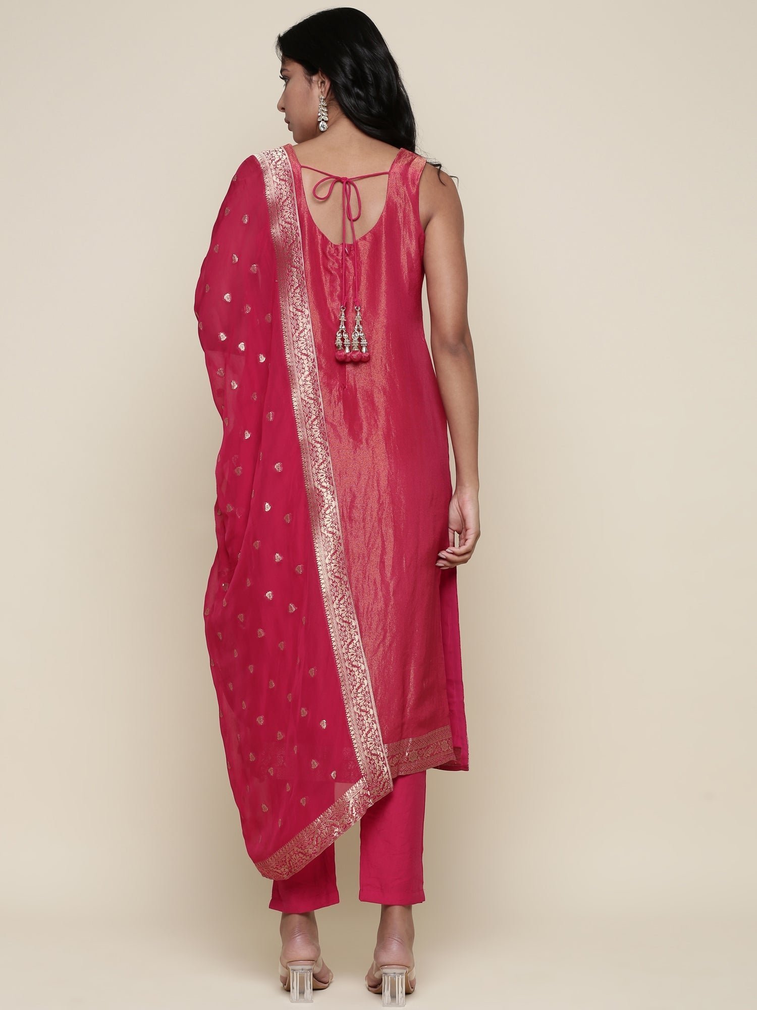 Pink tissue fabric embroidered Three piece suit set - Image 4