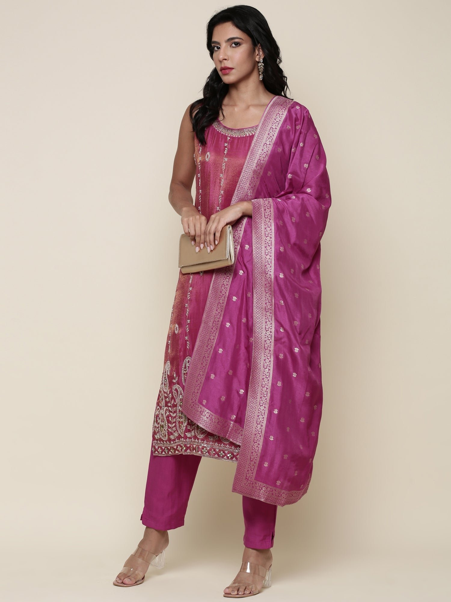 Magenta Tissue suit embroidered three piece set - Image 6