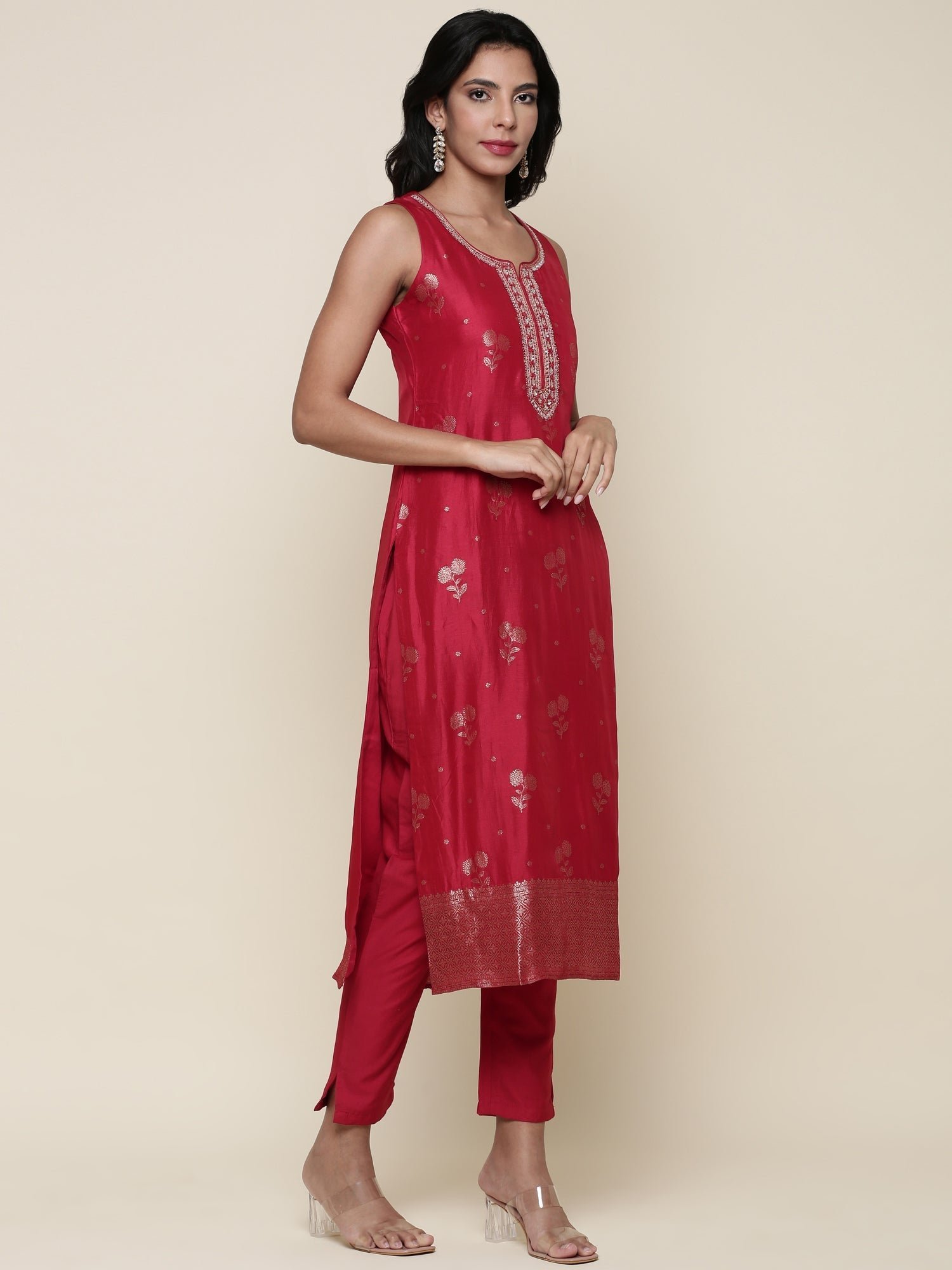 Silk red embroidered Three piece suit set - Image 2