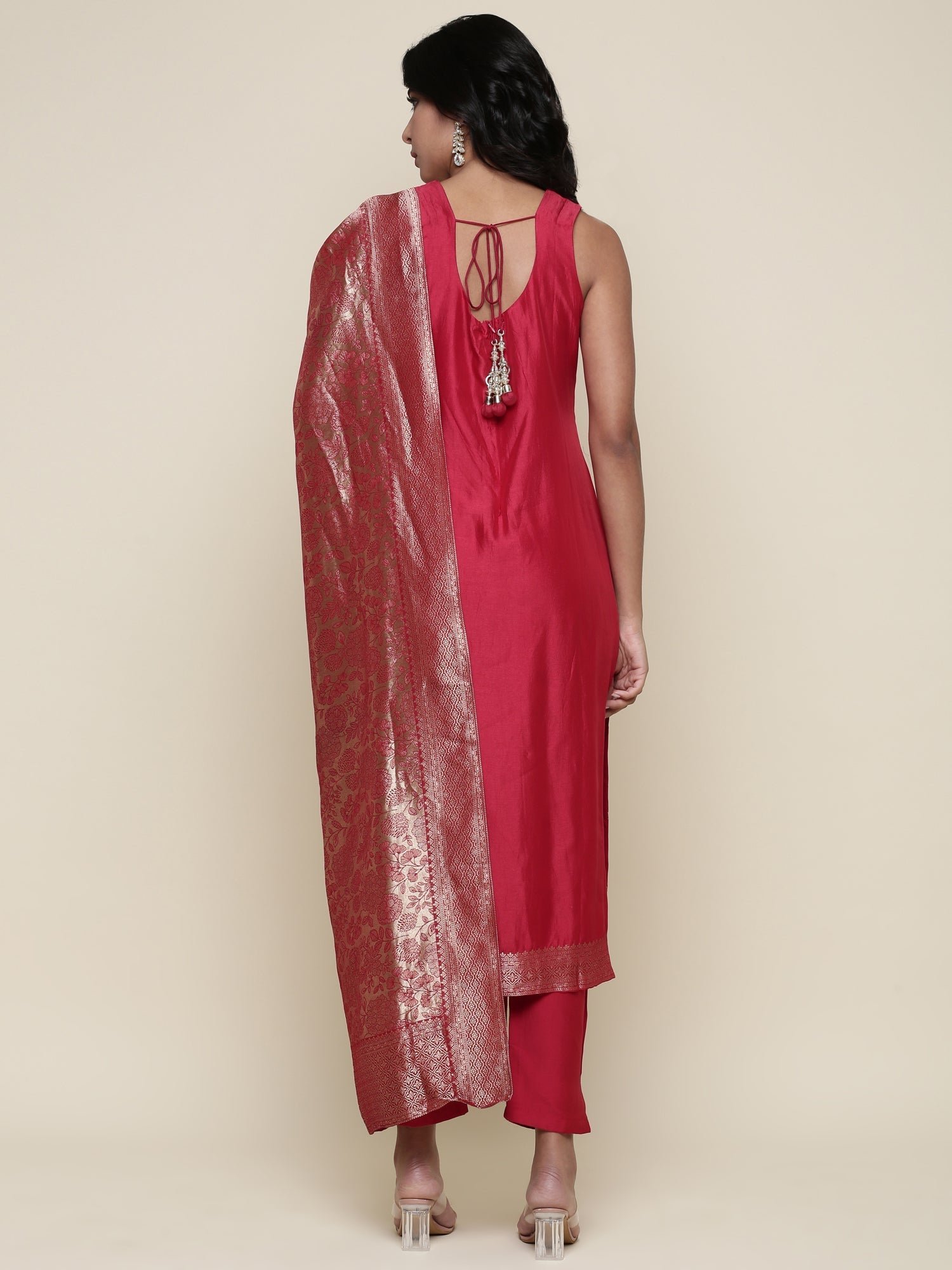 Silk red embroidered Three piece suit set - Image 3
