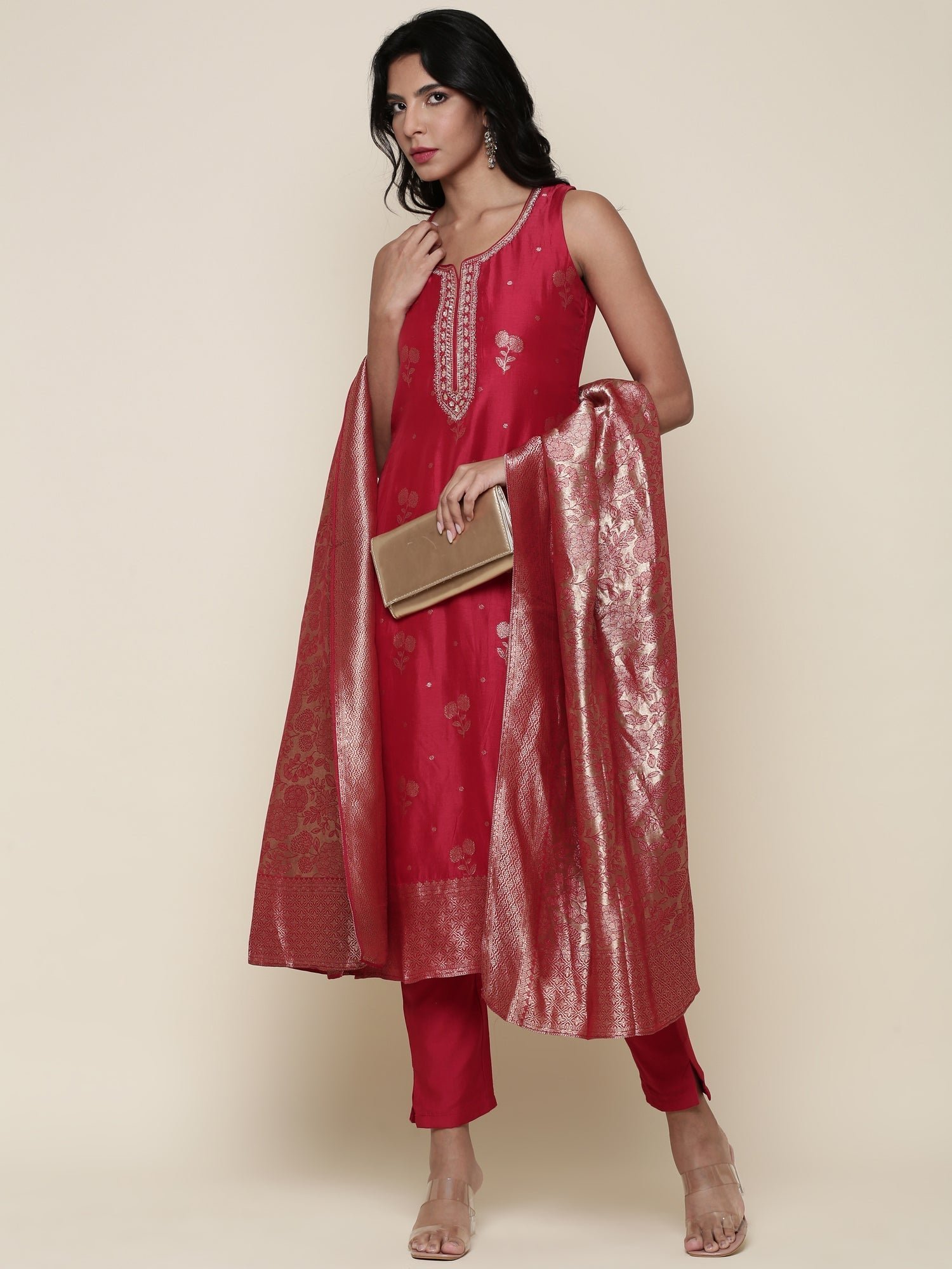 Silk red embroidered Three piece suit set - Image 5