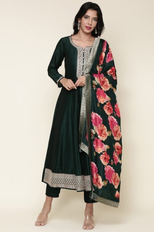 Bottle green silk anarkali embroidered three piece suit set