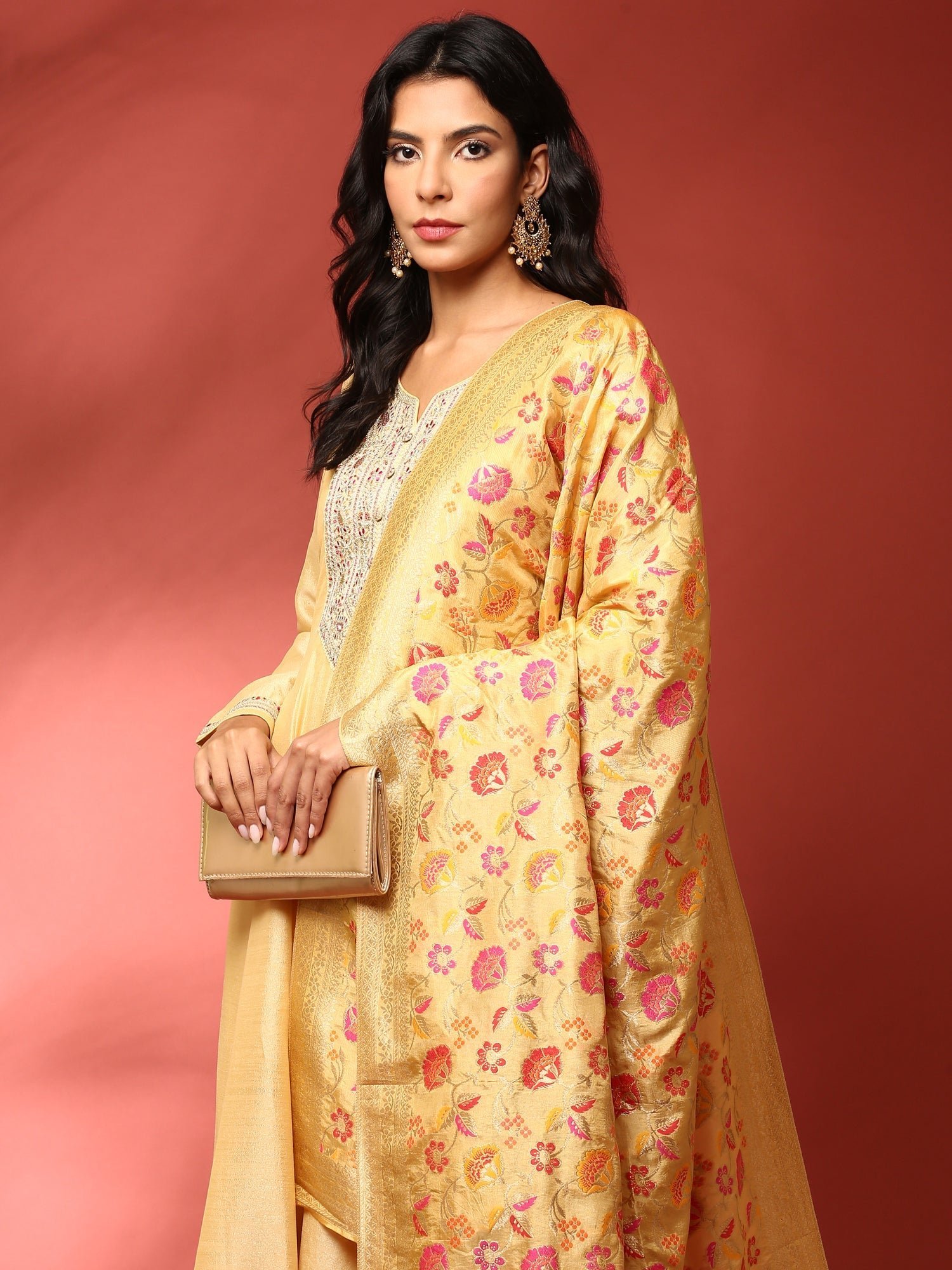 Yellow silk embroidered Three piece anarkali set - Image 2