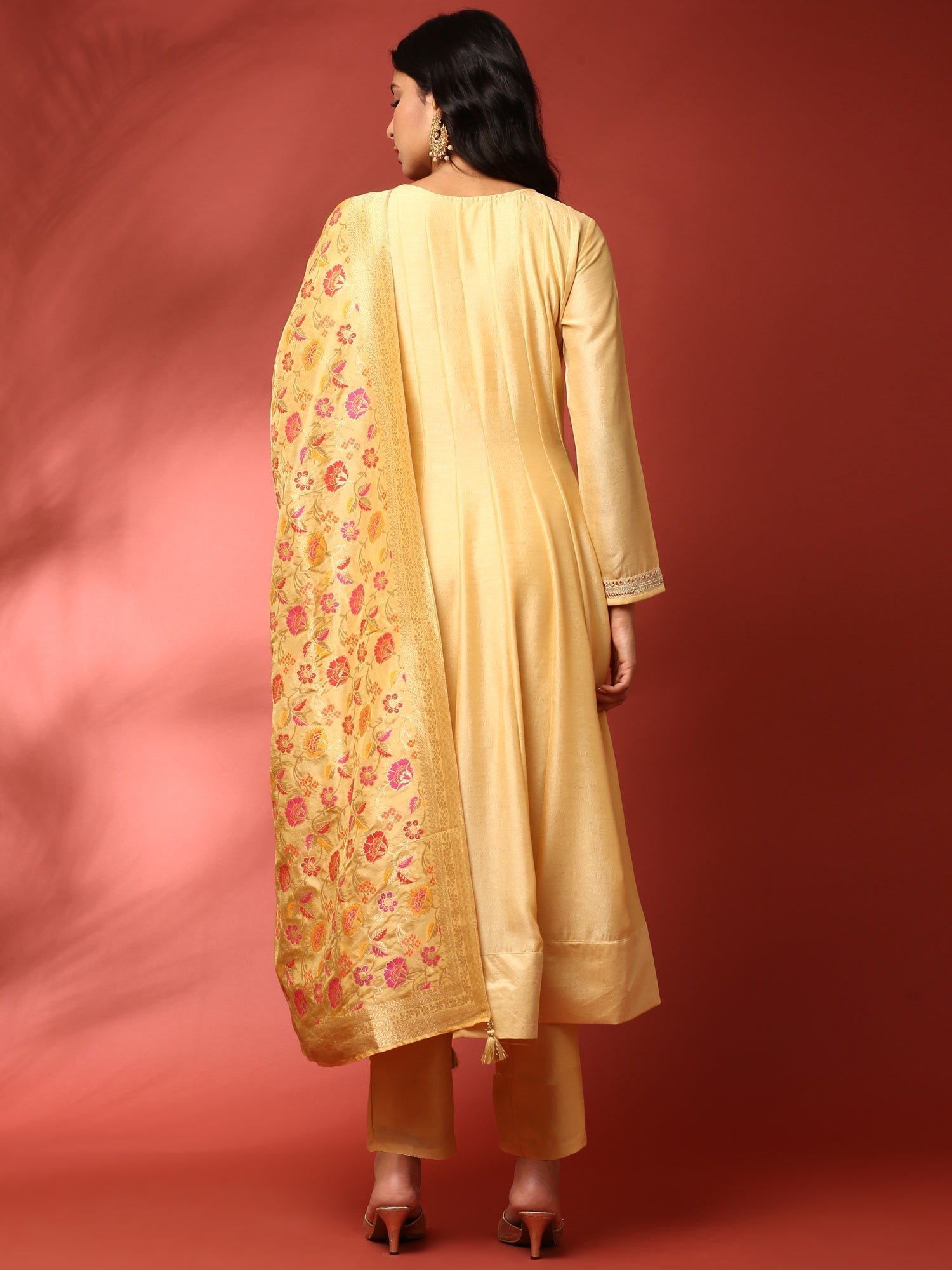 Yellow silk embroidered Three piece anarkali set - Image 4