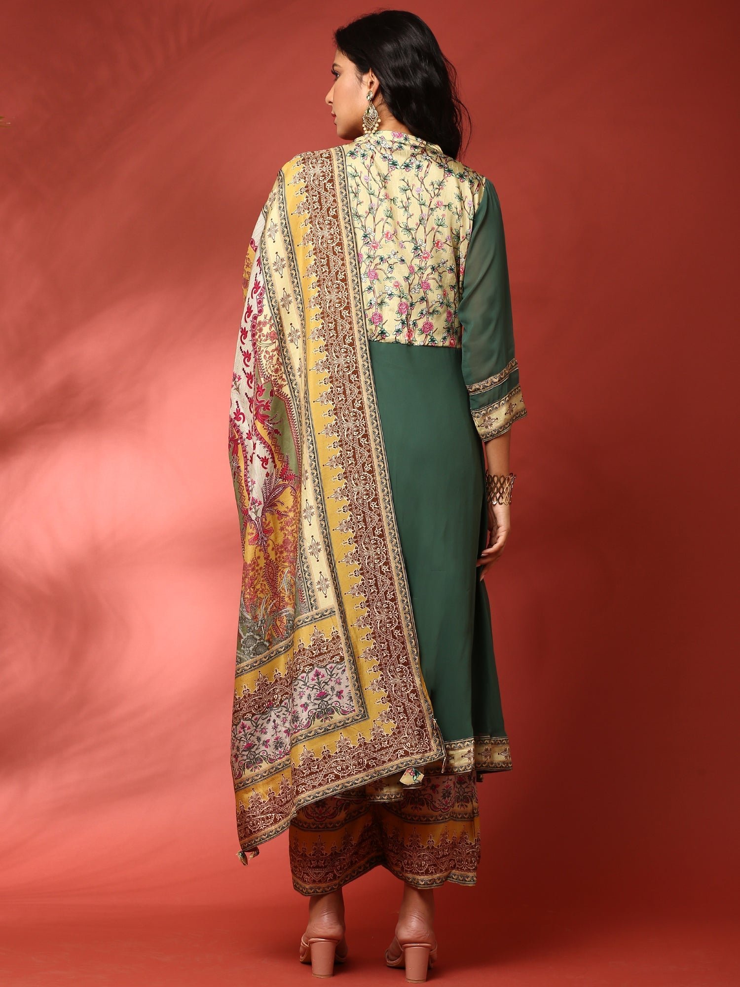 Green and Mustard digital printed embroidered anarkali three piece set - Image 4