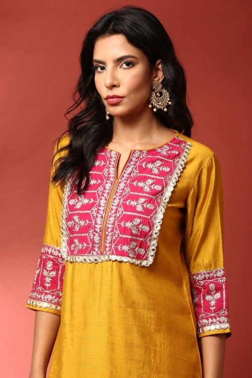Mustard and Pink Silk Fabric Aari embriodery two piece cord set