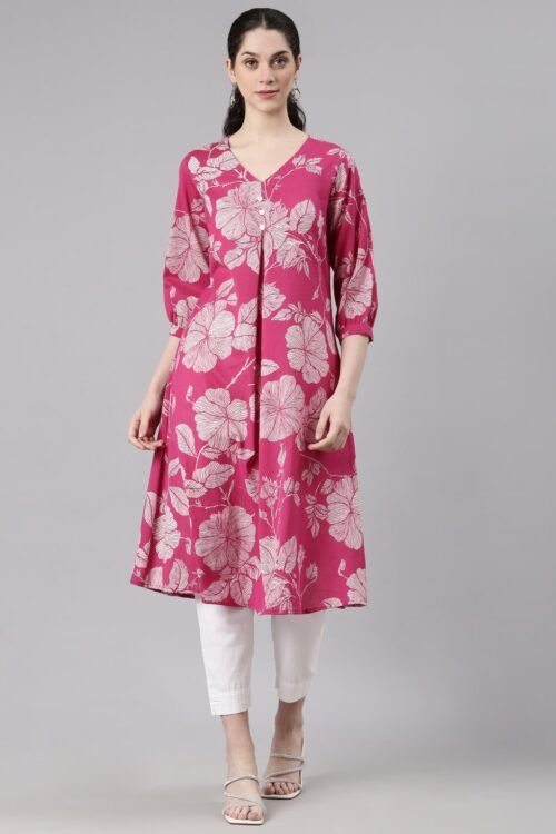 Quantumtera Pink Anarkali Casual Floral Kurta