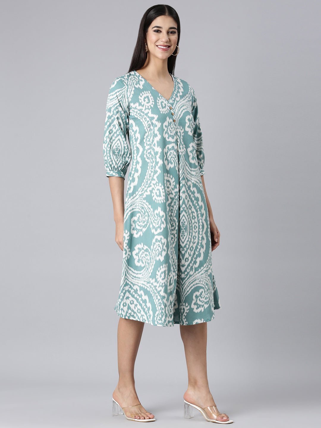 Quantumtera Sea Green Casual Floral A-Line Kurta - Image 3