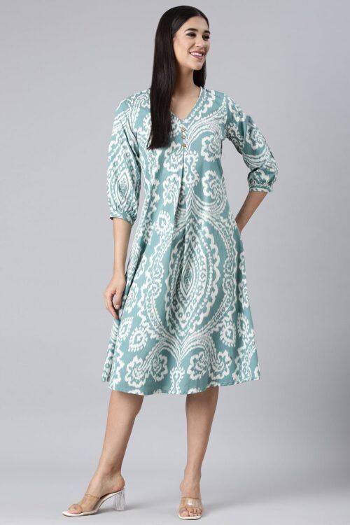 Quantumtera Sea Green Casual Floral A-Line Kurta